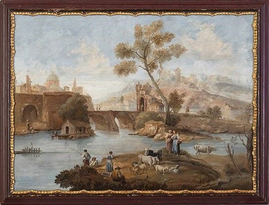 Paesaggio con fiume, pescatori e armenti...  - Auction Dipinti, disegni, sculture e oggetti di antiquariato dal XV al XIX secolo - Bertolami Fine Art - Casa d'Aste