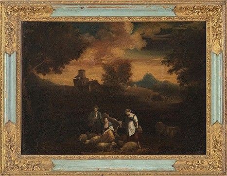 Paesaggio con famiglia di pastori, armenti e borgo sullo sfondo...  - Auction Dipinti, disegni, sculture e oggetti di antiquariato dal XV al XIX secolo - Bertolami Fine Art - Casa d'Aste