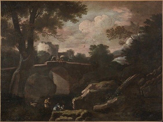 Paesaggio con  ponte, tomba di Cecilia Metella e figure...  - Auction Dipinti, disegni, sculture e oggetti di antiquariato dal XV al XIX secolo - Bertolami Fine Art - Casa d'Aste