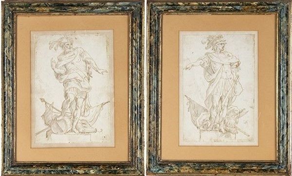 Scuola genovese, inizio XVIII secolo - Figure di condottieri in costume classico con trofei militari. Coppia di disegn...