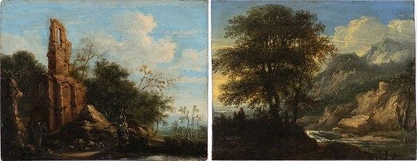 Paesaggio con corso d'acqua e montagne - Paesaggio con ruderi e figure. Coppia ...  - Auction Dipinti, disegni, sculture e oggetti di antiquariato dal XV al XIX secolo - Bertolami Fine Art - Casa d'Aste