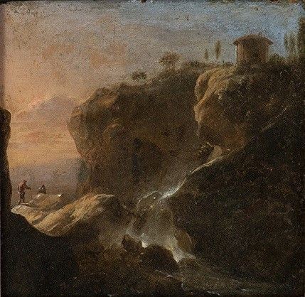 SEGUACE DI HENDRICK FRANS VAN LINT (Anversa, 1684 - Roma, 1763) - Paesaggio con figure, cascata e il Tempio della Sibilla a Tivoli...