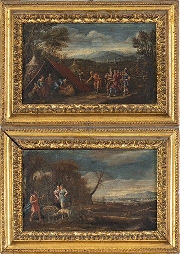 ARTISTA FRANCESE ATTIVO IN ITALIA, XVII SECOLO (MONSU LORENESE?) - Scene dell'Antico Testamento. Coppia di dipinti...