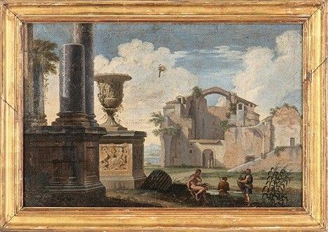 SCUOLA ROMANA, SECONDA META' DEL XVI SECOLO - Capriccio con figure, basilica di Massenzio, Vaso Medici e rovine classiche...