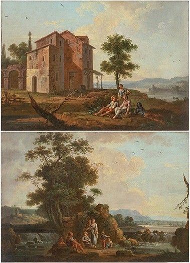 Paesaggio con contadini a riposo - Paesaggio con corso d'acqua, cascatelle e fi...  - Auction Dipinti, disegni, sculture e oggetti di antiquariato dal XV al XIX secolo - Bertolami Fine Art - Casa d'Aste