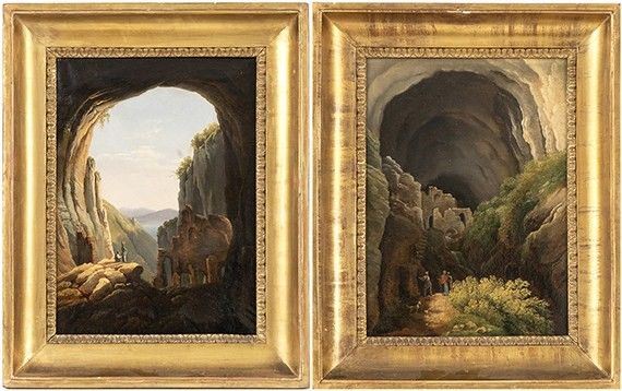 Scuola romana, fine XVIII - inizio XIX secolo : Veduta di grande grotta con figure, vegetazione e rovine - Vedutadall'interno d...  - Auction Dipinti, disegni, sculture e oggetti di antiquariato dal XV al XIX secolo - Bertolami Fine Art - Casa d'Aste