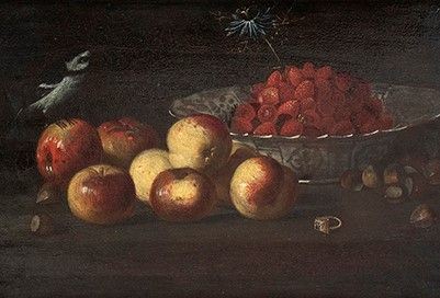 SCUOLA LOMBARDA, PRIMA META' DEL XIX SECOLO - Natura morta con mele, castagne, lamponi su una ciotola di ceramica e un piccol...