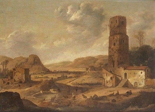 DANIEL VAN HEIL (Bruxelles, 1604 - 1662) o DIRCK VERHAERT (Haarlem, ca 1615 - Leiden, dopo il 1675) - Paesaggio estensivo con figure, armenti, torre e caseggiati....