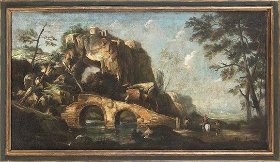 SCUOLA VENETA, FINE XVII / INIZIO XVIII SECOLO - Paesaggio con ponte e viandanti...