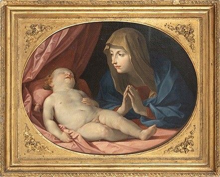 SEGUACE DI GUIDO RENI, XVII SECOLO - Madonna in adorazione del Bambino dormiente...