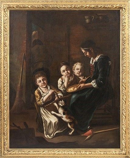 SCUOLA ROMANA, INIZIO XVIII SECOLO : Madre che nutre le tre figlie nella corte di una casa contadina...  - Auction Dipinti, disegni, sculture e oggetti di antiquariato dal XV al XIX secolo - Bertolami Fine Art - Casa d'Aste