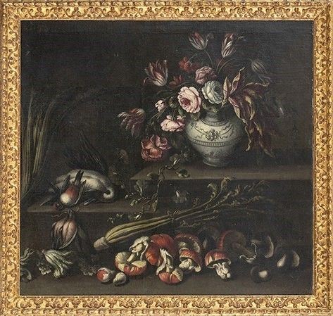 SCUOLA LOMBARDA, DECENNI CENTRALI DEL XVII SECOLO : Natura morta con vaso di fiori, cacciagione, funghi e ortaggi...  - Auction Dipinti, disegni, sculture e oggetti di antiquariato dal XV al XIX secolo - Bertolami Fine Art - Casa d'Aste