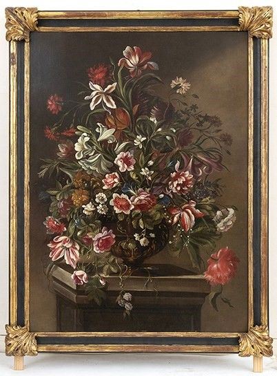 JEAN BAPTISTE BOSSCHAERT (Anversa, 1667 - 1746), ATTRIBUITO - Bouquet di fiori in un vaso metallico su piedistallo...