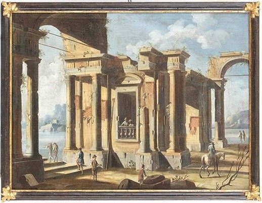 Scuola napoletana, inizio XVIII secolo : Capriccio architettonico con figure...  - Auction Dipinti, disegni, sculture e oggetti di antiquariato dal XV al XIX secolo - Bertolami Fine Art - Casa d'Aste