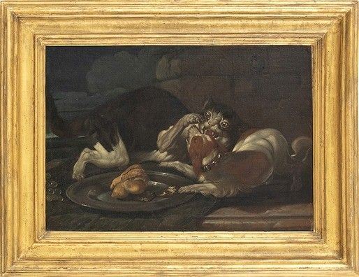 FELICE BOSELLI (Piacenza, 1650 - 1732), ATTRIBUITO : Gatto e cane litigano intorno a un piatto di cibo ...  - Asta Dipinti, disegni, sculture e oggetti di antiquariato dal XV al XIX secolo - Bertolami Fine Art - Casa d'Aste