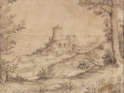 AMBITO DI PAUL BRILL (Anversa, 1554 - Roma, 1626) - Paesaggio estensivo con al centro grande fortificazione e torrione circolare...