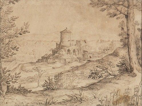 Paul Bril - Paesaggio estensivo con al centro grande fortificazione e torrione circolare...