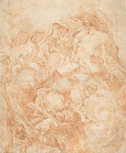 CHARLES JOSEPH NATOIRE (Nimes, 1700 - Castel Gandolfo, 1777), ATTRIBUITO - Angeli e angeli musicanti su una nuvola ...