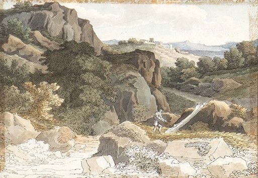 FELICE GIANI (San Sebastiano Curone, 1758 - Roma, 1823) - Paesaggio roccioso con taglialegna...