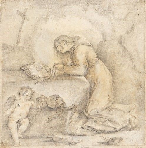 Maddalena penitente con saio e cilicio medita sulla passione di Cristo...