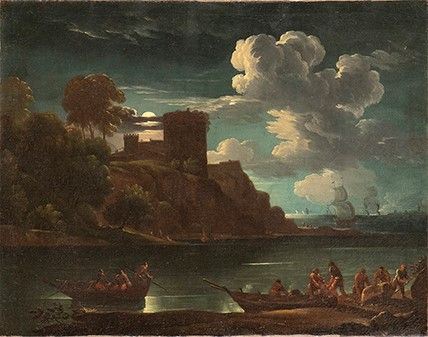SEGUACE DI CLAUDE JOSEPH VERNET (Avignone, 1714 - Parigi, 1789) - Scena costiera al chiaro di luna con barche e pescatori...