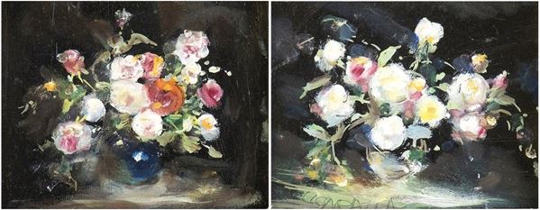 Coppia di dipinti raffiguranti mazzi di fiori, 1980...  - Auction ARTE MODERNA E CONTEMPORANEA DAL XIX AL XXI SECOLO Con una sezione dedicata all’arte a Roma tra le due guerre - Bertolami Fine Art - Casa d'Aste