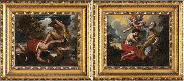 SCUOLA ROMANA, PRIMA META&#8217; XVIII SECOLO - Caino a Abele - Sacrificio di Isacco. Coppia di dipinti...