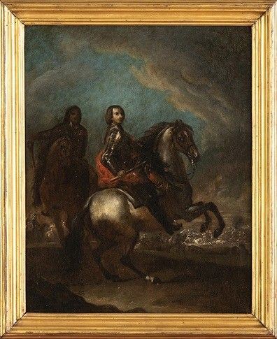 FRANCESCO SIMONINI (Parma, 1686 - 1766), ATTRIBUITO - Condottiero a cavallo con scontro di cavallerie sullo sfondo...