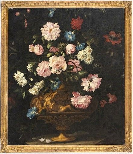 FRANCESCO CALDEI, DETTO IL MANTOVANO (Attivo a Venezia tra il 1630 - 1663), ATTRIBUITO : Bouquet di fiori in un vaso metallico istoriato...  - Auction Dipinti, disegni, sculture e oggetti di antiquariato dal XV al XIX secolo - Bertolami Fine Art - Casa d'Aste