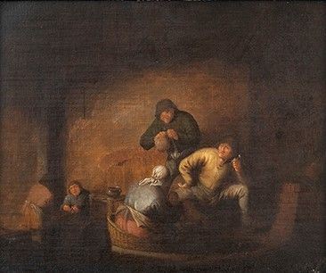 Adriaen van Ostade : Interno con famiglia di contadini...  - Asta Dipinti, disegni, sculture e oggetti di antiquariato dal XV al XIX secolo - Bertolami Fine Art - Casa d'Aste