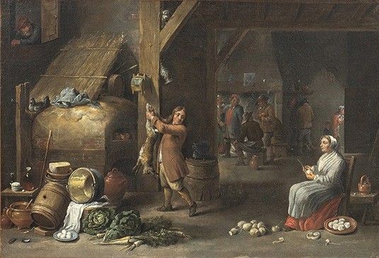 David Teniers Il Giovane : Interno di cucina con donna che sbuccia rape e giovane uomo che appende una lep...  - Asta Dipinti, disegni, sculture e oggetti di antiquariato dal XV al XIX secolo - Bertolami Fine Art - Casa d'Aste