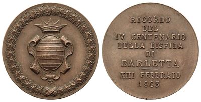 Barletta. Medaglia 1903 per L’anniversario dei 400 Anni della Disfida di Barletta. Ae (39,8 MM)