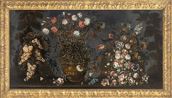 Grande natura morta con vaso, composizioni floreali e grappoli d'uva en plein a...  - Asta Dipinti, disegni, sculture e oggetti di antiquariato dal XV al XIX secolo - Bertolami Fine Art - Casa d'Aste