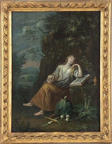 Artista fiammingo, prima met&#224; XVIII secolo - Maddalena penitente con natura morta di ortaggi in primo piano...
