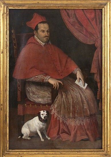 Ottavio Leoni : Ritratto di cardinale in trono con cane (Scipione Borghese?)...  - Asta Dipinti, disegni, sculture e oggetti di antiquariato dal XV al XIX secolo - Bertolami Fine Art - Casa d'Aste