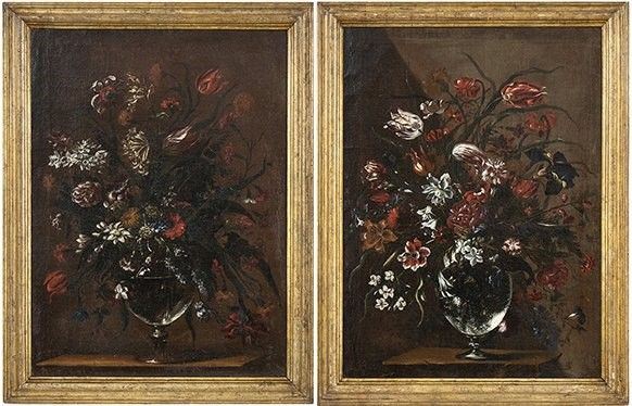 Mario Nuzzi Mario de' Fiori : Coppia di bouquets di fiori dentro ampolle di cristallo su ripiani di pietra...  - Auction Dipinti, disegni, sculture e oggetti di antiquariato dal XV al XIX secolo - Bertolami Fine Art - Casa d'Aste