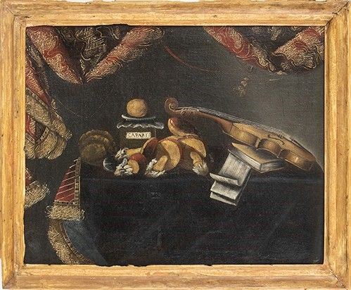 SCUOLA ROMANA, META' XVII SECOLO - Natura morta con funghi, violino e un barattolo chiuso con scritta "capari"...