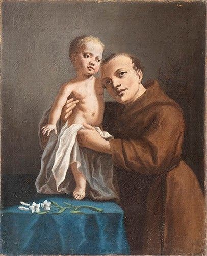 SCUOLA BOLOGNESE, SECONDA META' DEL XVII SECOLO : Sant'Antonio da Padova e Gesù Bambino...  - Asta Dipinti, disegni, sculture e oggetti di antiquariato dal XV al XIX secolo - Bertolami Fine Art - Casa d'Aste