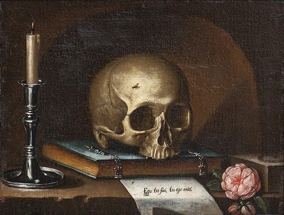 Giovanni Francesco Barbieri Guercino - Natura morta di Vanitas con teschio, libro, candela e rosa...