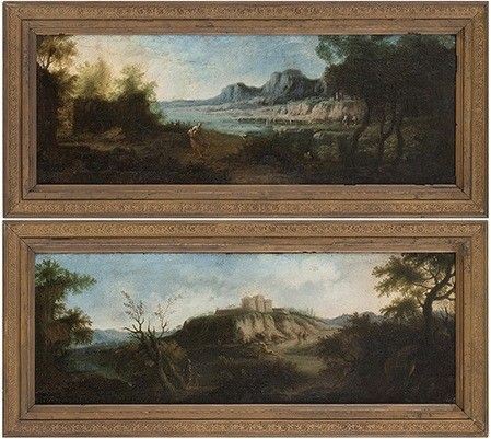 Andrea Locatelli : Paesaggio con fiume, figure e rilievi sullo sfondo - Paesaggio con viandanti, c...  - Auction Dipinti, disegni, sculture e oggetti di antiquariato dal XV al XIX secolo - Bertolami Fine Art - Casa d'Aste