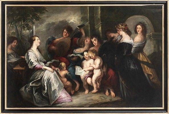 SEGUACE FIAMMINGO DI PETER PAUL RUBENS, XVII SECOLO : Giovani nobildonne che assistono a un concerto angelico...  - Asta Dipinti, disegni, sculture e oggetti di antiquariato dal XV al XIX secolo - Bertolami Fine Art - Casa d'Aste