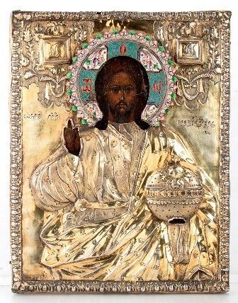 Icona russa con riza in argento raffigurante "Cristo Pantocratore" - Mosca 1896...  - Asta GIOIELLI, OROLOGI, ARGENTI, ANTICHI AVORI, ICONE E ALTRI OGGETTI D’ARTE E DA COLLEZIONE Tra i gioielli, un lascito ereditario posto all’incanto in favore dell’Istituto Sant’Antonio di Padova Basilica del Santo. - Bertolami Fine Art - Casa d'Aste