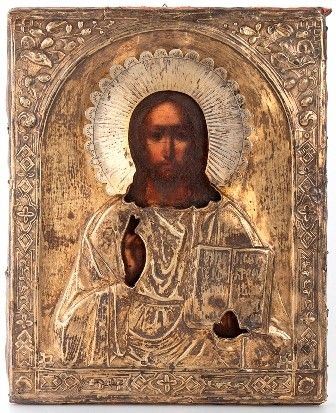 Icona russa con riza in argento raffigurante "Cristo con i santi" - Mosca 1880...  - Asta GIOIELLI, OROLOGI, ARGENTI, ANTICHI AVORI, ICONE E ALTRI OGGETTI D’ARTE E DA COLLEZIONE Tra i gioielli, un lascito ereditario posto all’incanto in favore dell’Istituto Sant’Antonio di Padova Basilica del Santo. - Bertolami Fine Art - Casa d'Aste