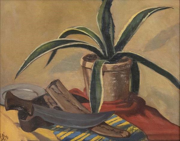 ROBERTO MELLI - Natura morta con vaso e scimitarra, 1943...