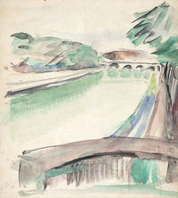 ROBERTO MELLI (Ferrara, 1885 - Roma, 1958) : Veduta del Tevere, 1950...  - Auction Arte Moderna e Contemporanea - Pittura, Scultura, Arti decorative e Disegni dal XIX al XXI secolo - Bertolami Fine Art - Casa d'Aste