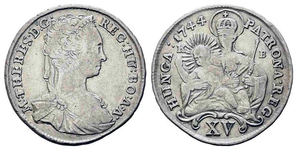 UNGHERIA. Maria Teresa (1740-1780). 15 kreutzer 1744, Kremnitz. Ag. K-B. M•THER...