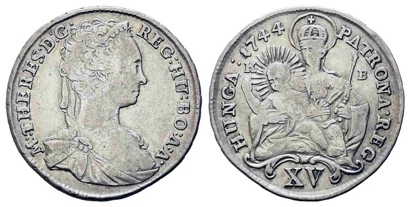 Ungheria. Maria Teresa (1740-1780). 15 Kreutzer 1744, Kremnitz. Ag. Bb