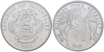 Seychelles, 5 Rupie 2005 Papa Benedetto XVI. Cn. Km 119. Fdc