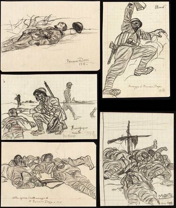 ROMANO DAZZI
Roma, 1905 - La Lima, 1976 : Cinque disegni con rappresentazioni di militari, 1918...  - Auction ARTE MODERNA E CONTEMPORANEA DAL XIX AL XXI SECOLO Con una sezione dedicata all’arte a Roma tra le due guerre - Bertolami Fine Art - Casa d'Aste