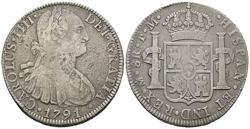 Messico. Citta' del Messico. Carlo IV. 8 Reales 1791. Ag 25,87gr. Km# 109
